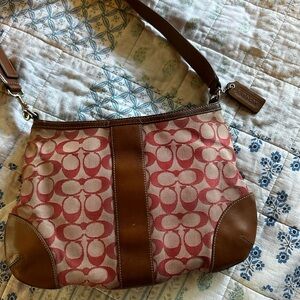 Coach Pink and Brown Signature Shoulder Bag